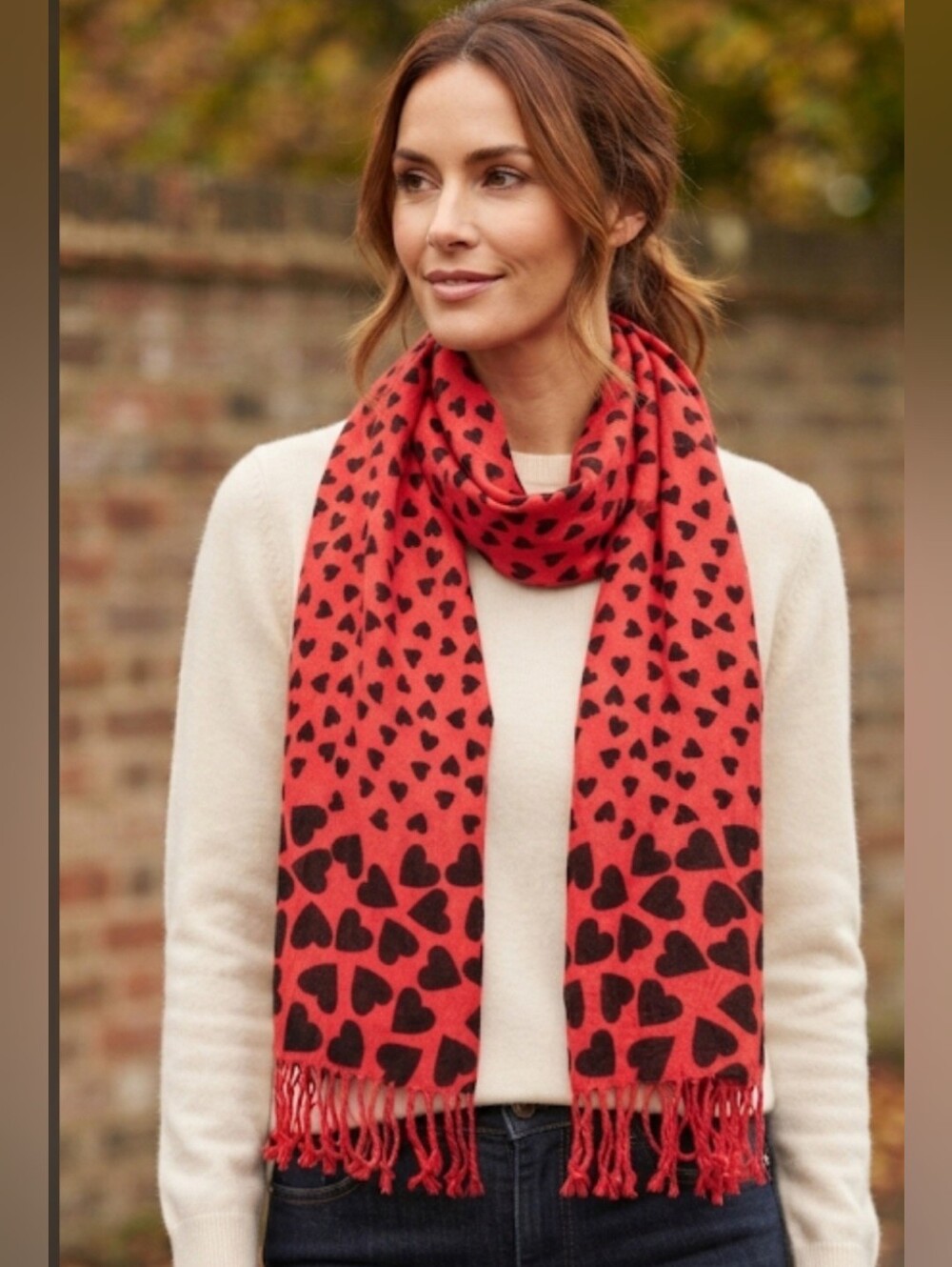 Red & Black Heart Print Scarf/Shawl With Fringe 26" Wide X 6' Long